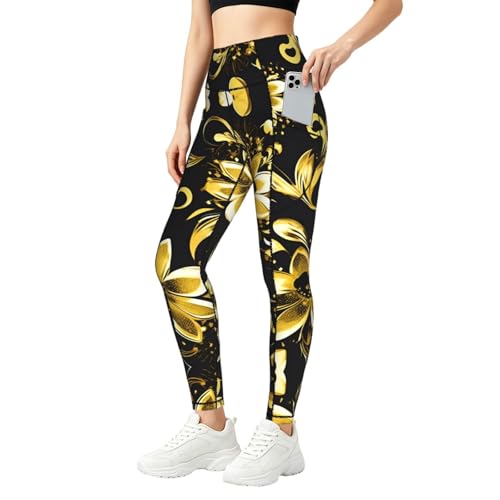 Leggings de flores negras y doradas para mujer con bolsillos prácticos conjuntos fitness
