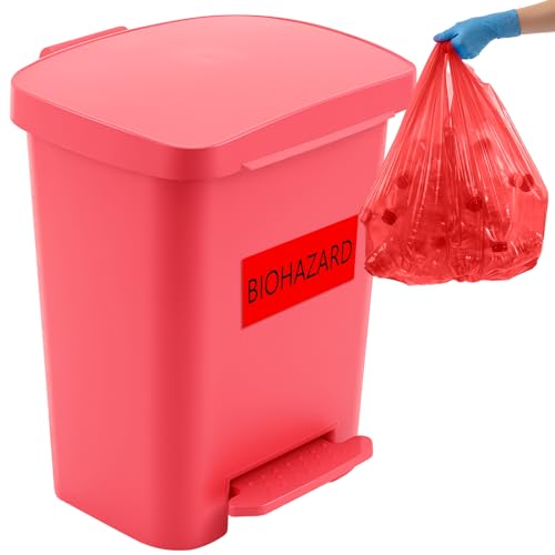 Geiserailie 1 Set 8 Gallon Biohazard Trash Can with Foot-Operated Self-Closing Lid, with Biohazard Labels and Bags for Lab Medical Hospitals Industrial Infectious Waste Disposal