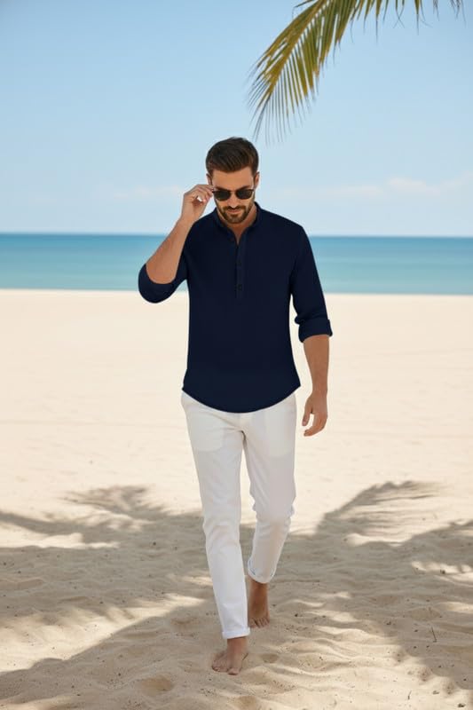 Image of Men's Cotton Blend Short Kurta with Collared Neck Full Sleeves Solid Pattern Western Style Regular Fit and Standard Length