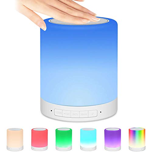 Luces nocturnas Altavoz Bluetooth, Lámpara de Mesita de Noche,Lámpara LED de control táctil Regulable Luces cálidas 7 colores, Lámpara de cabecera con USB lámpara de noche recargable portátil