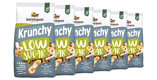 Barnhouse Krunchy Low Sugar Crazy Nuts, zuckerarmes Bio Hafer-Knuspermüsli aus Bayern, mit Cashews, Haselnüssen und Kokoschips, 6 x 375g