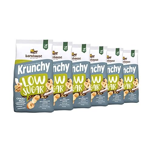 Barnhouse Krunchy Low Sugar Crazy Nuts, zuckerarmes Bio Hafer-Knuspermüsli aus Bayern, mit Cashews, Haselnüssen und Kokoschips, 6 x 375g