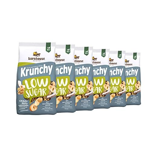 Barnhouse Krunchy Low Sugar Crazy Nuts, zuckerarmes Bio Hafer-Knuspermüsli aus Bayern, mit Cashews, Haselnüssen und Kokoschips, 6 x 375g