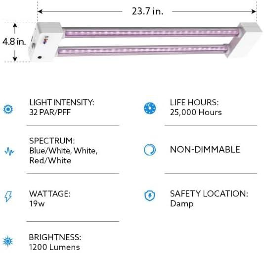 Feit Electric Grow Light 19W 2ft LED for Indoor Plants and Gardens, Full Spectrum Dual Hanging Bulb Grow Light, Hydroponic, GLP24ADJS/19W/LED image 5