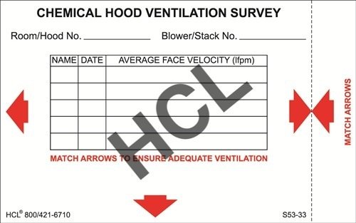 Chemical Fume Hood Ventilation Survey Label - 3" x 5" (Pack of 100)