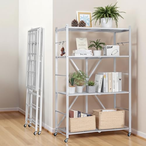 Image of VEVOR 4-Tier Foldable Storage Shelf, 36W x 21D x 60 H Inch Folding Metal Rack Shelving Unit, No Assembly Organizer Shelf with 5 Wheels & 4 Hooks for Pantry, Kitchen, Garage, Basement, White