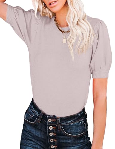 Image of Womens Puff Short Sleeve Sweater Tops Crewneck Basic Knit Pullover Lightweight Casual Sweaters