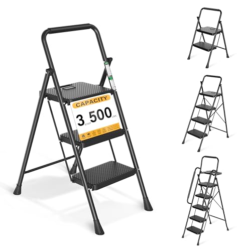 3 Step Ladder, Protable Steel Folding Stool with Wide Anti-Slip Pedal, 500lbs Sturdy Steel Ladder, Black