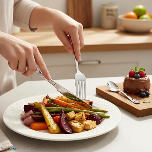 Image of Floral Silver 20 Pcs Stainless Steel Cutlery Set for Dining Table, Dishwasher Safe Glossy Flatware (4 Spoon Set+4 Forks Set+4 Butter Knife+4 Dessert Spoon+ 4 FruitFork)