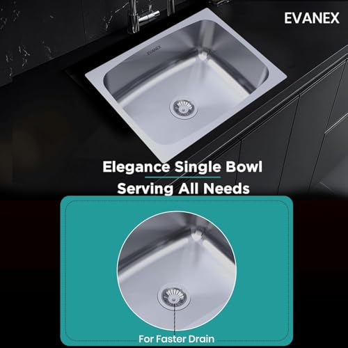Image of EVANEX Kitchen Sink 24x18x10 Inch Hydraulic Sink Single Bowl 304 Stainless Steel Sinks for Kitchen Basin | Glossy Finish Indian Kitchen Sink Including Coupling, Waste Pipe | Kitchen Sinks