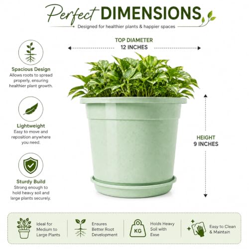 Image of 12 Inch Glossy Plastic Planter with Bottom Plate | Heavy Duty Flower Pot with Tray for Indoor Home Decor, Balcony, Living Room & Outdoor Garden (10 Pot, Mint Sparkle)