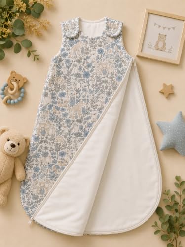 Image of TuddyBuddy Baby Cotton Wearable Quilted Sleeping Bag Blanket 1.5 Tog with 1 Way Zipper Closure | Ideal for Babies & Kids Hypoallergenic Fabrics | (Fairy in Jungle - Blue & Beige, 6-12 Months)