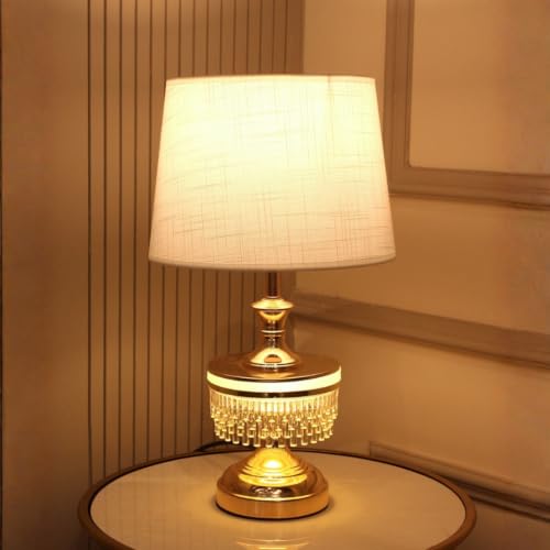Image of ELARE Gold Table Lamp with Crystal Fringe & White Fabric Shade, 49cm | LED Bulb Included, Illuminated Glass Ring, Metal & Glass Base, Bedside & Office Use, Anti-Slip Base