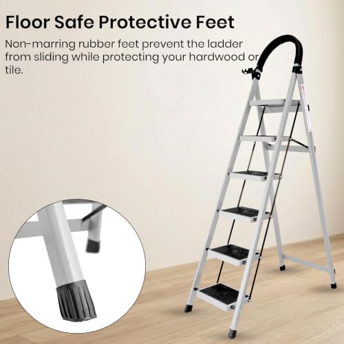 Image of Casa Copenhagen White 6 Step Ladder for Home Use with Built-in Tool Tray | Heavy Duty D Shape Rods | Ultra Large Platform | Wide Rubber Feet | 150Kg Capacity Foldable Ladder - 7 Years Warranty