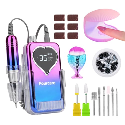 Image of Professional Electric Nail Drill Machine for Acrylic Nails, 35000 RPM Electric Nail File Tool Set, Portable E-File Rechargeable Manicure Pedicure Polish Kit for Home Salon Tech (Heart Sunset Blue)