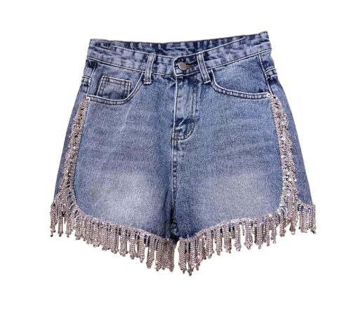 Women Bling Diamonds Tassel Denim Shorts Stylish Summer Trendy Casual