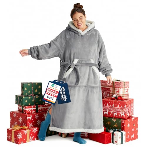 Bedsure Wearable Blanket Hoodie, Long Hooded Blanket Sweatshirt as Christmas Birthday Gifts for Women, Cozy Sherpa Hoodie for Adult, Standard, Grey