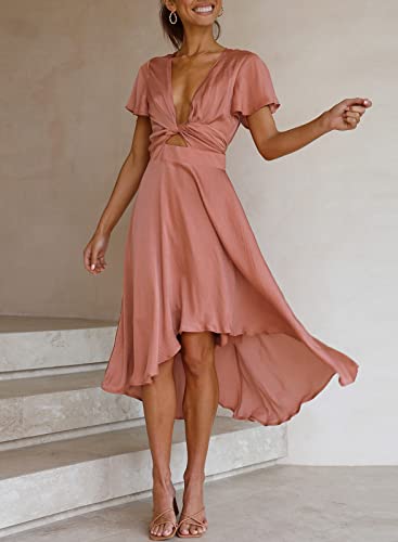 Image of miduo Womens Satin V Neck Ruffle Short Sleeve Tie Front High Waist Midi A-Line Maxi Dresses