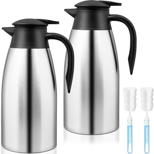 M-Aimee - 2 Pcs 68 oz Thermal Coffee Carafe Insulated Stainless Steel Coffee Carafe for Hot Liquids Vacuum Thermal Pot Creamer Carafe Dispenser with Brushes Keeping Hot 12 Hours (Silver)
