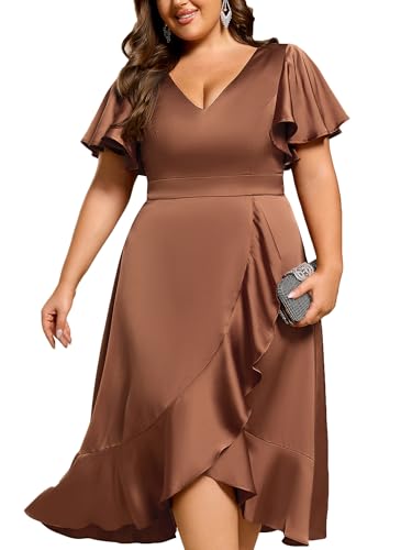 Ever-Pretty Plus Women's V Neck A Line Ruffles Sleeves Satin Midi Plus Size Cocktail Wedding Guest Dresses 02318-DA