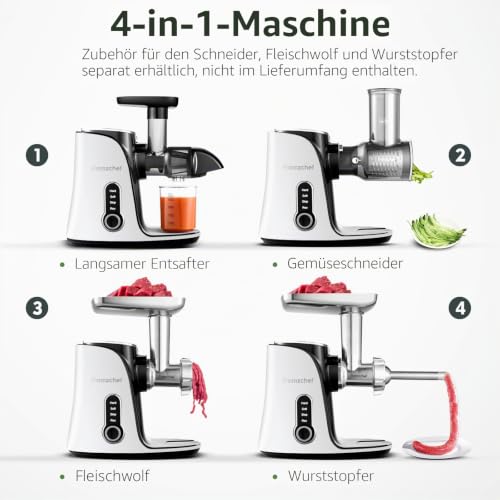 Foto von AMZCHEF Entsafter Gemüse und Obst mit 2 Geschwindigkeitsmodi - Entsafter Slow Juicer mit Tragbare Flasche und 2 Tassen - BPA freie Cold Press Juicer mit Intelligente LED und Umkehrfunktion - Perlweiß