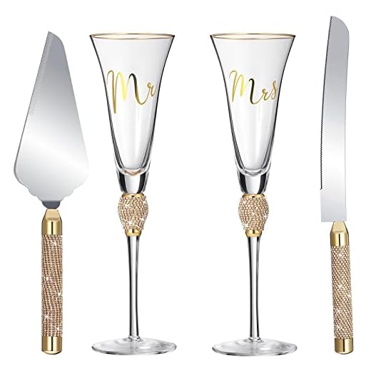 Boao 4 Piece Wedding Toasting Flutes and Cake Server Set Wedding Reception Supplies Champagne Glasses Cake Knife Pie Server (Gold)