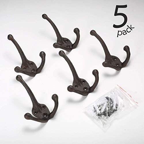 Ambipolar 5-Pack Trileg Coat Hooks. Wall Mounted, Heavy Duty Decorative Black Wall Hooks For Mudroom, Hat Rack, Purse Hooks. Cast Iron Decorative ‎Antique Black Hooks #TOP1