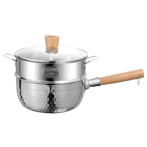 Fegson ステンレス シチュー鍋 22cm IH対応 コーティングなし 304ステンレス鋼 和風木製ハンドル 厚手設計 ガラス蓋付き 多機能 深型フライパン 煮込み・炒め・揚げ物 キッチン調理器具 家庭用・業務用 (鍋 + 蓋 + 蒸し器,18cm)