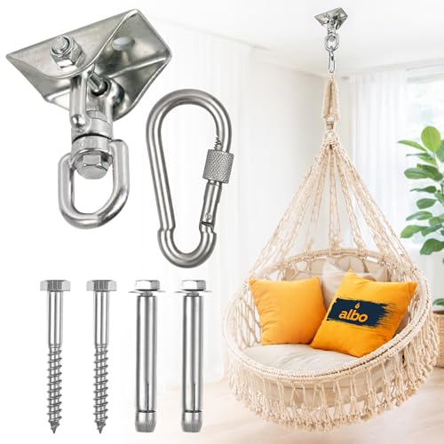 Albo Heavy Duty Ceiling Swing Mount Bracket with 360° Swivel & Locking Carabiner, 2650 LBS, Hammock Chair, Porch Swing, Yoga Swing, Punching Bag Ceiling Hanger, Wood Beam & Concrete Hardware Kit