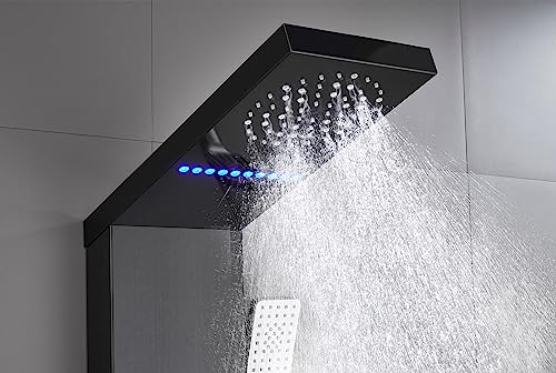 Image of ELLO&ALLO Shower Panel System Tower, LED Rainfall and Mist Head Rain Massage Stainless Steel Bathroom Fixtures with LED Body Jets, Brushed Black
