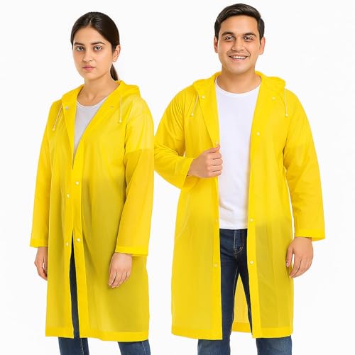 Image of Motopack EVA Waterproof Raincoat for Men & Women with Hood | Unisex Reusable Transparent Universal Rain Wear | Lightweight Full Sleeve Poncho with Button Closure for Travel, Camping & Hiking (Yellow)
