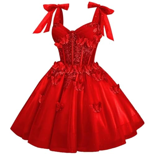 Short Red Prom Homecoming Dress for Women Teens Glitter Tulle Lace 3D Butterfly Puffy DAMA Dresses for Quinceanera US0