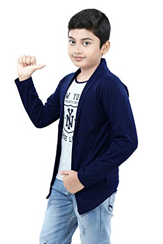 Image of Boy's Cotton White Printed T-Shirt with Blue Jacket Shrug