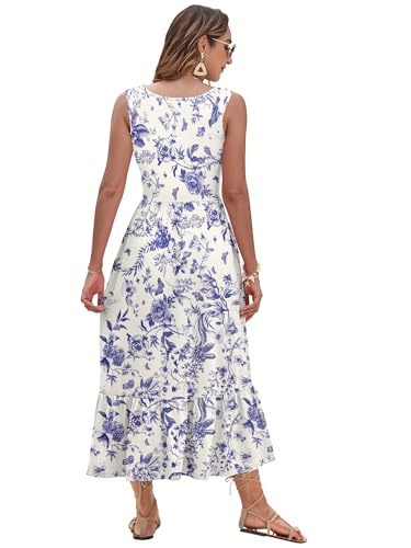 Image of AUSELILY Womens Summer Maxi Dress Casual Sleeveless V Neck Floral Dresses | A line shape with practical side pockets, Vacation dress for resort walks, Pair with low heels and simple jewelry