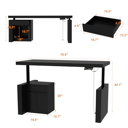 Image of FUFU&GAGA 70.9 inch Large Standing Desk with Drawer, Electric Height Adjustable Desk with File Cabinet, Executive Computer Table, Sit Stand Desks, for Home Office, Black, 70.9 inchW x 31.6 inchD x 29.5 inch-44 inchH