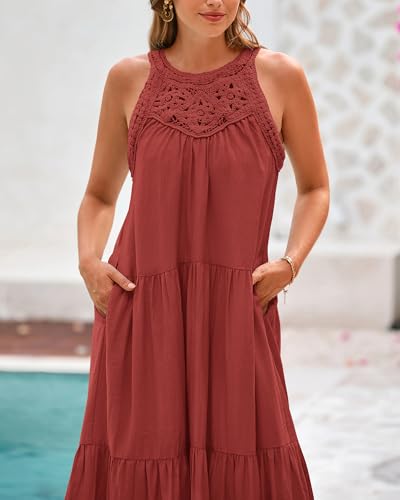 Image of BTFBM Halter Summer Dresses for Women 2026 Casual Spring Hollow Out Sleeveless Boho Sundresses Beach Vacation Maxi Dress