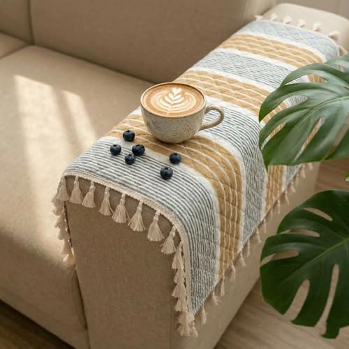 Image of STITCHNEST Printed Quilted Sofa Arm Cover with Tassels | Stylish Hand Rest Protector | Soft & Durable | 18 x 22 Inches