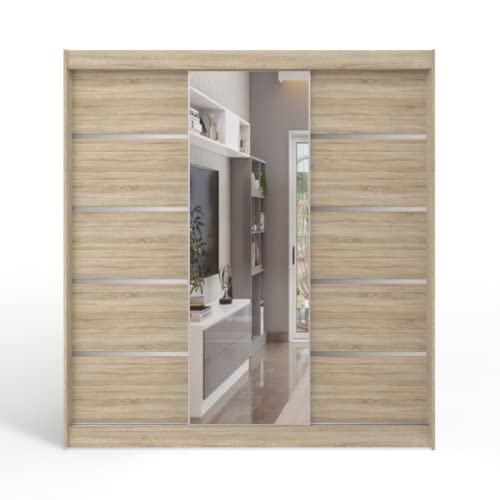 ML Furniture D6 Schiebetüren Kleiderschrank 200 cm mit Spiegel - Schlafzimmermöbel, Aufbewahrung - Mehrzweckschrank - Farbe: Sonoma - 3 Schiebetüren