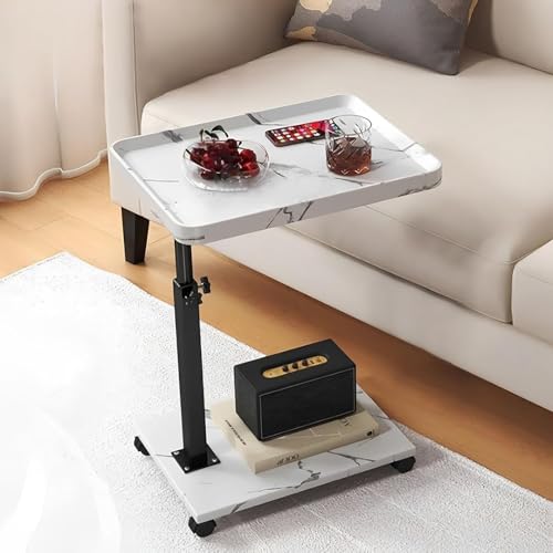 AHSBND Mesa auxiliar regulable en altura pequeña, mesa de centro para portátil: forma C, giratoria 360°, mesa de sofá de madera con ruedas para sofá, cama, moderna, salón, dormitorio (blanco)