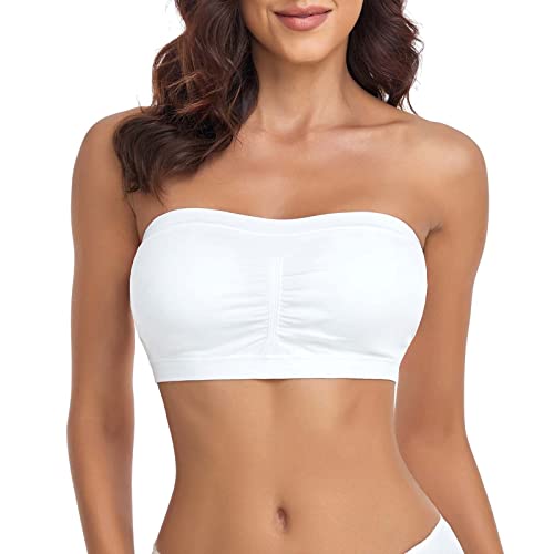 Documo Bandeau Bra Padded Wireless Strapless Bra For Women Bandeau Top Bra Comfort Wirefree Bandeau Bralette Tube Top (White, X-Large) #TOP3