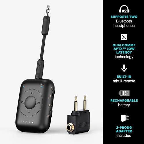 Image of MEE audio Connect Air Pro Bluetooth Wireless Audio Transmitter & Receiver for AirPods or Bluetooth Headphones, 2-in-1 Adapter with Detachable Cable 3.5mm Aux Audio Jack for Airplanes, Auto, Gym, Black