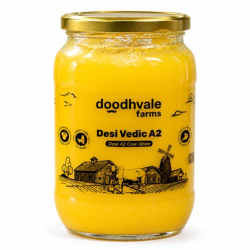 Image of Doodhvale Farms A2 Cow Ghee 900ml | Vedic Desi Gir Cow Ghee | Bilona Method | Grass Fed | 100% Pure & Preservative Free | Traditionally Churned Danedar Ghee | Non-GMO | Lab Certified | Glass Bottle