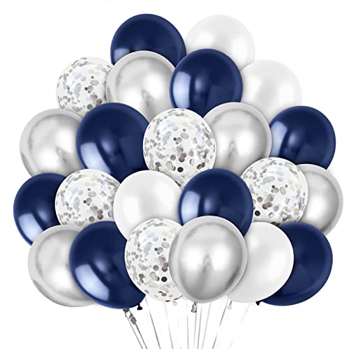 Ballon Bleu Marine, 60PCS Ballon Bleu Anniversaire, Ballon Confettis Argent, Ballon Bleu Blanc pour Decoration Mariage Garcon Naissance Bapteme Communion Baby Shower