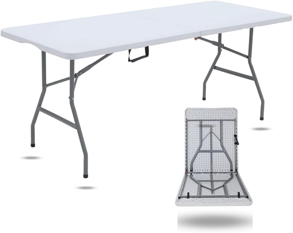 Photo 1 of 6ft Plastic Folding Table, Fold-in-Half Portable Utility Table Heavy Duty Portable w/Handle, for Indoor Outdoor,Picnic, Party, & Camping (White, 6ft) 6ft White