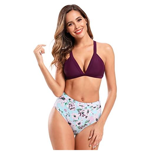 SHEKINI Costume da Bagno a Due Pezzi Floreale retrò da Donna Beachwear Brasiliano a Vita Alta Top Bikini Scollo a V Triangolo Taglia Grossa (XL, Viola)