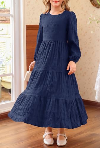 MITILLY Girls Maxi Dress Puff Long Sleeve Crew Neck A-Line Ruffle Tiered Casual Party Dresses with Pockets3