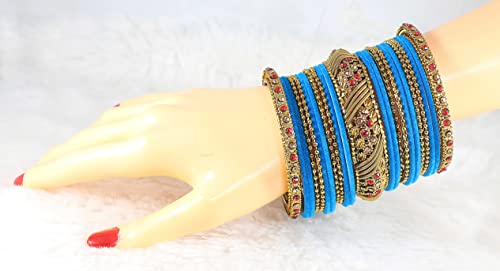 Image of NMII Metal with Zircon Gemstone and Beads Studded Ball Chain Linked Glossy Finished Velvet Bangles Chuda set for Women and Girls