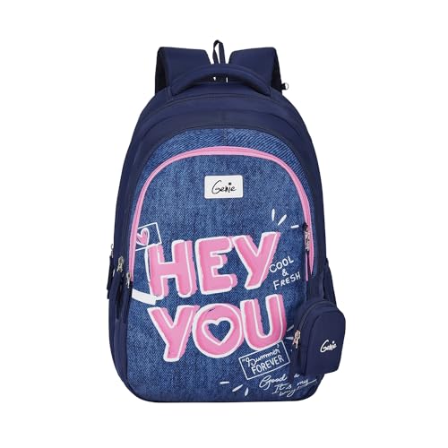 Image of Genie You Backpack for Women, 19 inch Bags for Girls, Water Resistant and Lightweight, 3 Compartment Bag with Happy Pouch, 36 Liters, Nylon Twill, Navy Blue
