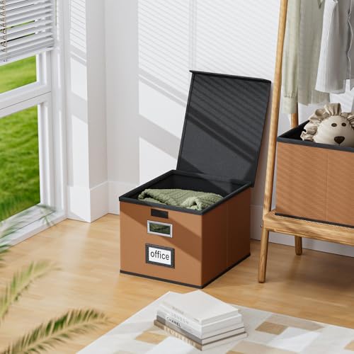 Huolewa Faux Leather File Organizer Box with Lid, Collapsible Hanging File Folder Box Organizer with Plastic Slides, Decorative Home/Office Filing System Boxes for File and Folder Storage - Thumbnail 5