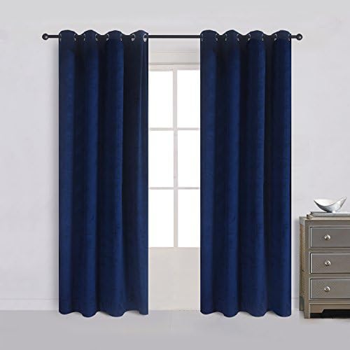 Cherry Home Set of 2 Velvet Flannel Room Darkening Blackout Curtains Panels Drapes Grommet 52 Wide by 108 Long Navy Royal Blue for Living Room